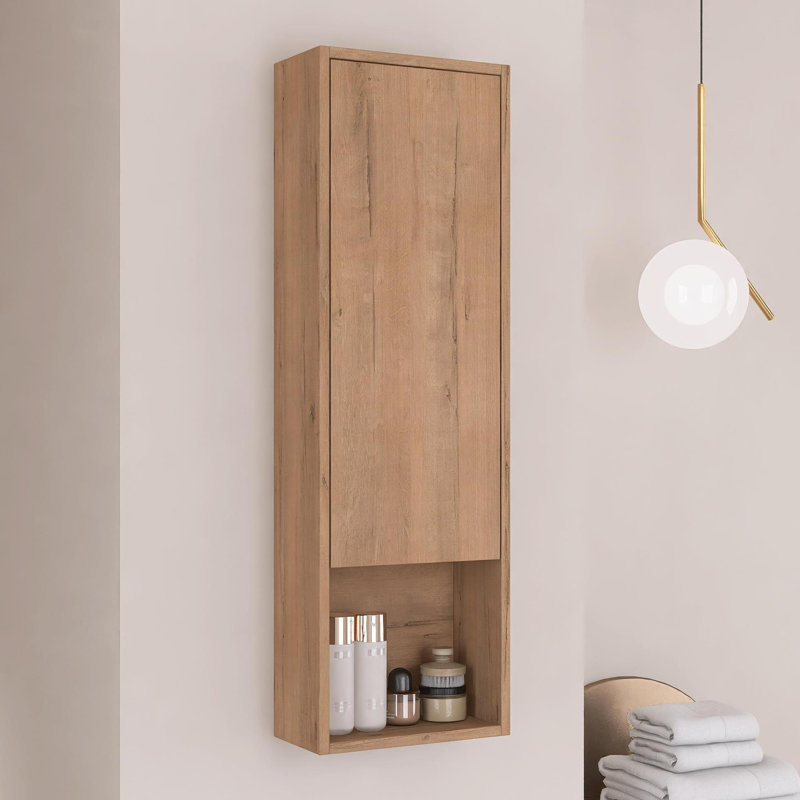 12 Inch Bathroom Wall Cabinet, Soft Close Door, Float Mounting Design, Natural Oak