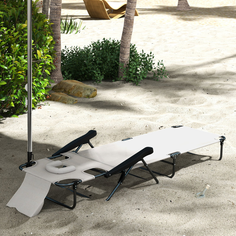 Patio Sunbathing Lounge, 4 Adjustable Positions, Cream White, Face & Arm Holes, Pillow , Foldable Beach Chair, 4 Adjustable,