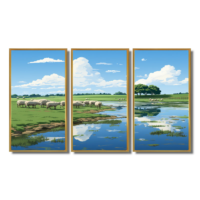 Ogden Herd of Sheep Grazing By The River - Sheep, Cadre flottant doré, H 40 po x l 60 po x P 1 po