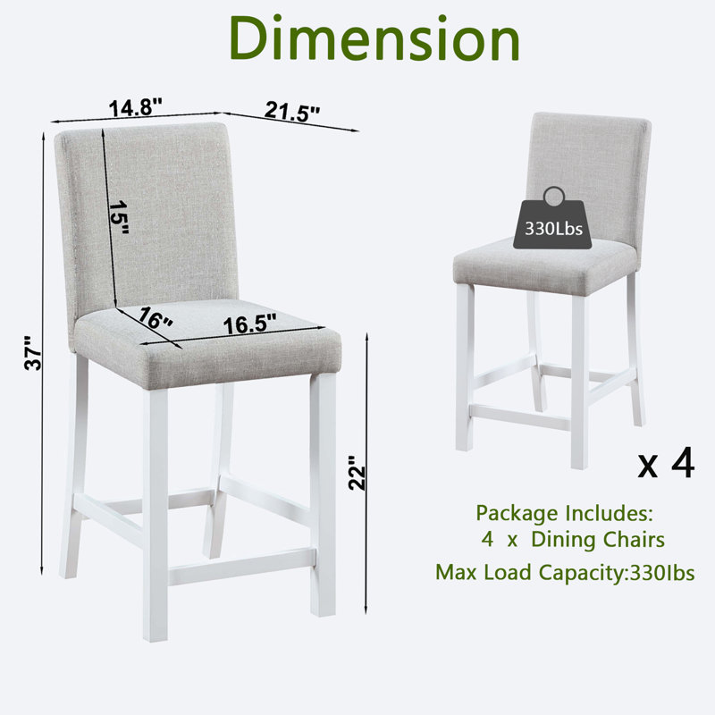 Ensemble de 4 chaises à hauteur de comptoir avec siège en lin rembourré et dossier haut ergonomique pour la cuisine ou la salle à manger