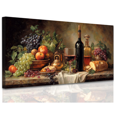 GUTTATY Wine Wall Art Canvas Print, Rustic Wine Art Wall Decor Still Life Painting, Earth Tones Kitchen Canvas Wall Decor, Serene Ambiance Artwork for Dining Room or Wine Bar Pictures, 24x48 inches