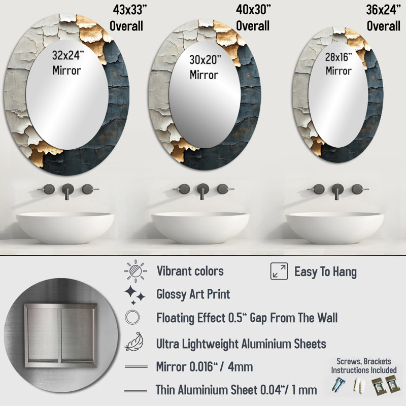 Gold And Grey Japanese Zen Tiles II - Gray Oval Wall Mirror Decor, 36" x 24"