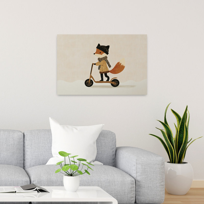 Cute Fox Winter Ride Playful Whimsical Abstract Fox Winter Forest Wall Art Print by Mathieu - Wrapped Canvas Print