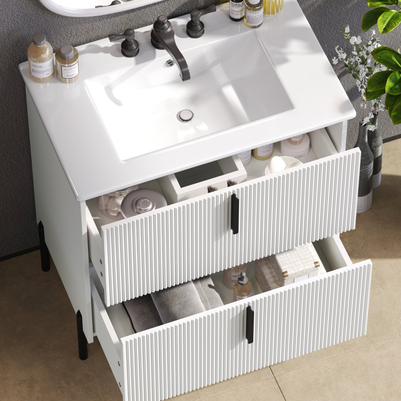 Meuble-lavabo de 30 po avec lavabo en céramique, conception cannelée, glissières de tiroir encastrées à fermeture en douceur, tiroirs d'extension, 5,8 po, pieds 8,27 po, blanc, espace, efficacité de rangement optimale, design américain