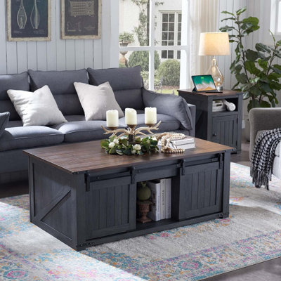 48"" Lift Top Coffee Table, Farmhouse Cocktai with Sliding Groove Barn Door, Rustic Wood Center Table w/Double Storage Spaces for Living Room, Dark Gre -  Gracie Oaks, BDA7595952D64BB8AC61E8E7BB878B1A