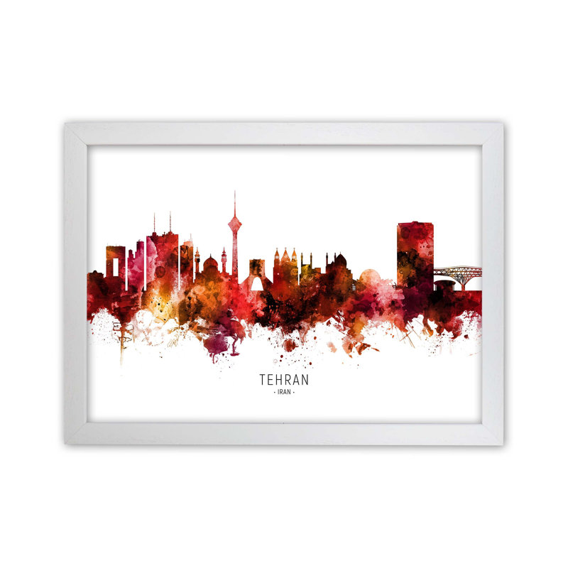 Tehran Iran Skyline Red City Name by Michael Tompsett - Print, White Framed, 59.4cm H x 84.1cm W x 3cm D