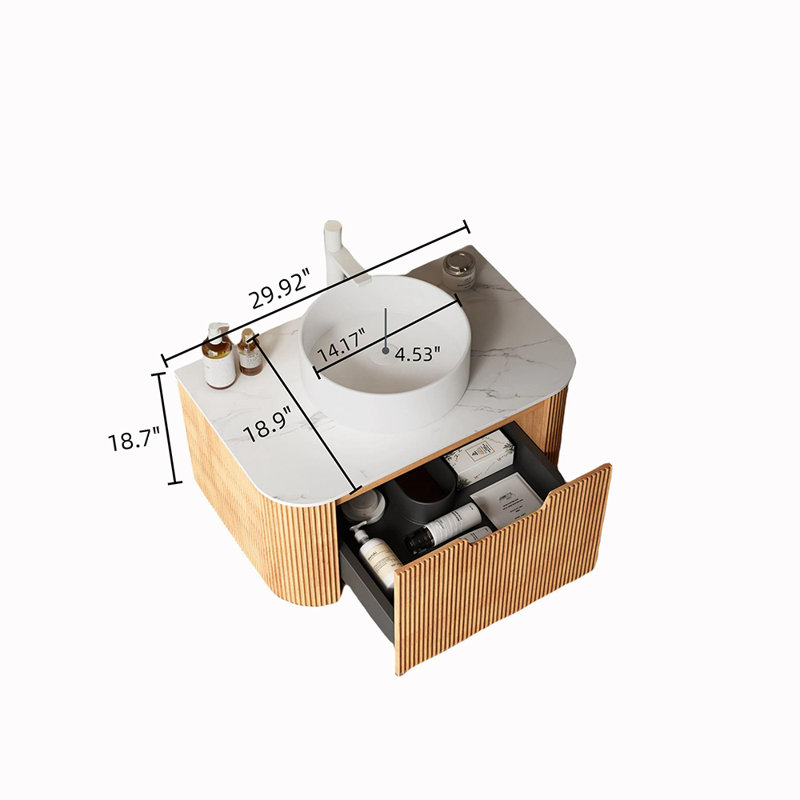 Meuble-lavabo mural 30 po avec lavabo flottant, Bois naturel