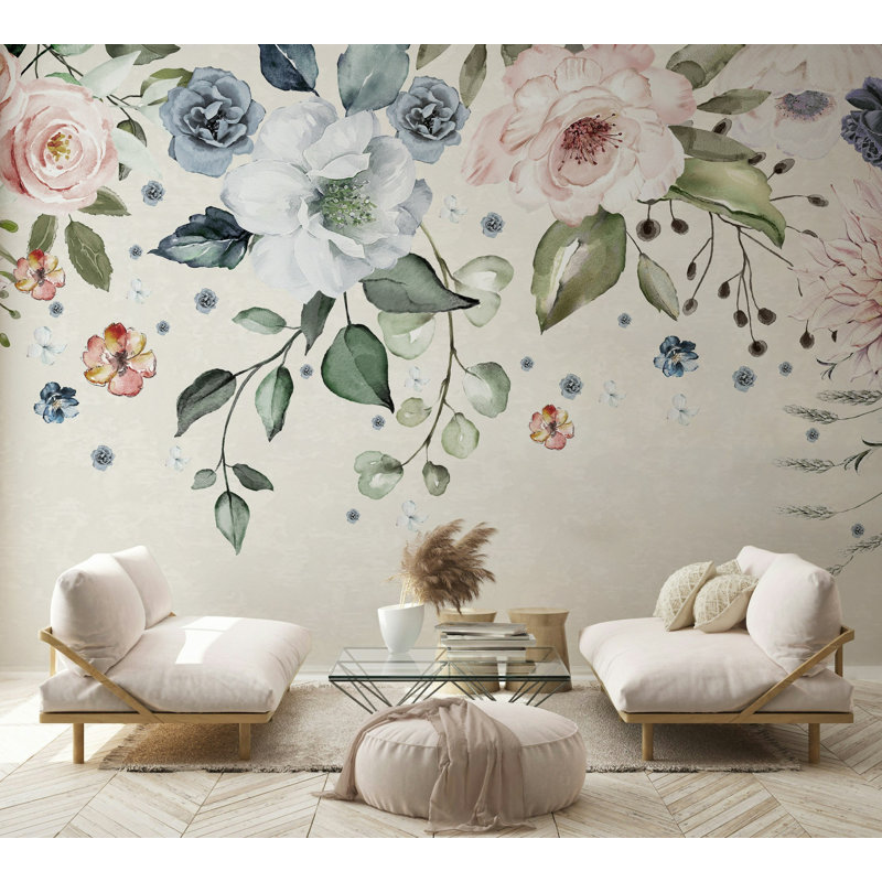 Papier peint floral aquarelle rosé et bleu, L 36,96 po x l 56 po