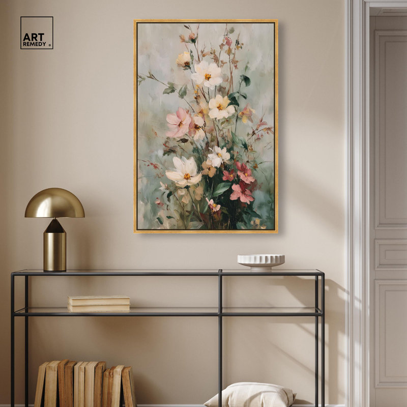 Art floral rétro sur toile , Cadre flottant doré, H 37 po x l 25 po