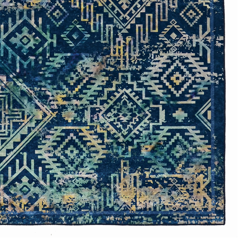 Emanuel Modern Abstract Machine Woven Flatweave Blue and Teal Area Rug with Non Skid Backing , Rectangle 2'2" x 3'2"