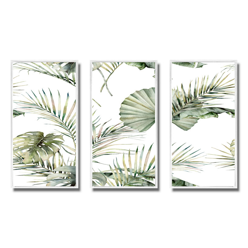 Motif tropical de S avec feuilles de noix de coco et Monstera - 3 pièces, impression sur toile, H 32 po x l 48 po, Blanc