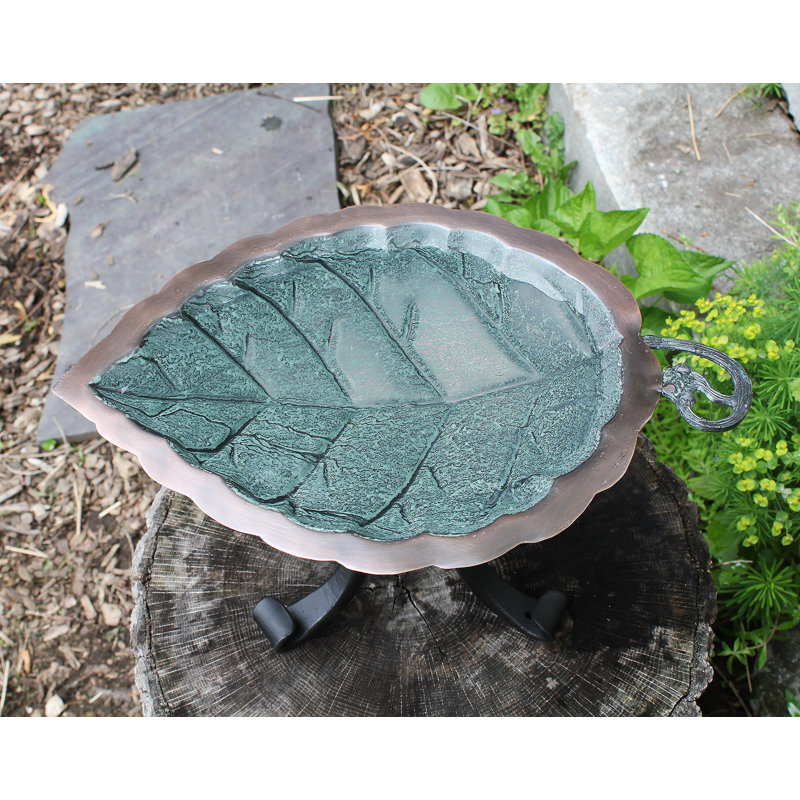 Aspen Leaf Copper Birdbath with Wrought Iron Tripod Stand