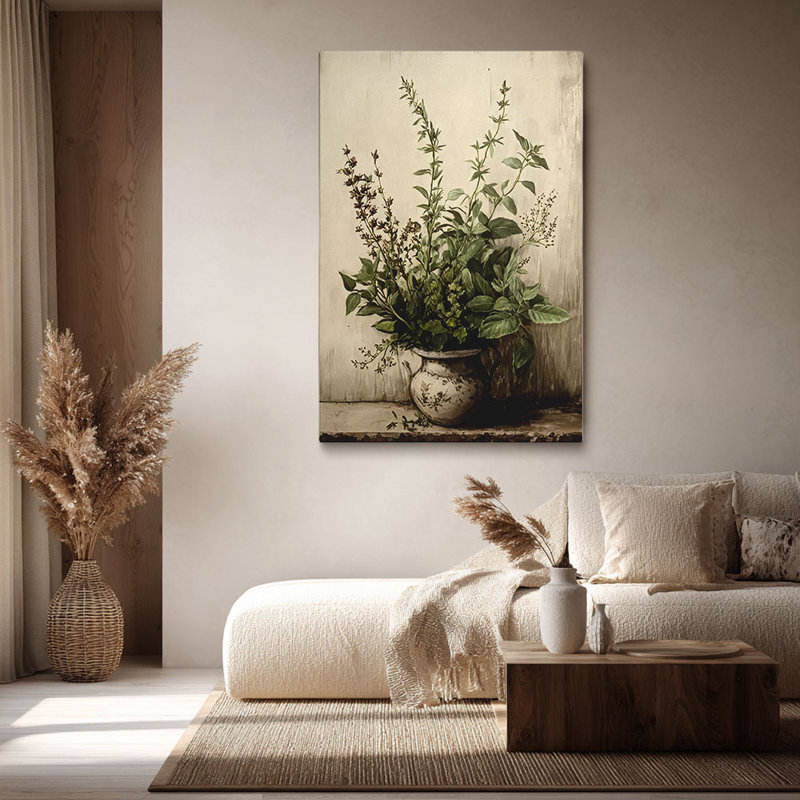 Rustique «Vintage Vase with Fresh Herbs (Neutral Tone)», toile tendue à base de plantes, art mural tendu pour studio confortable