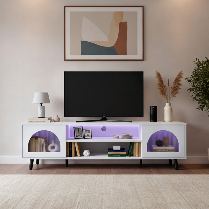 Meuble télé avec portes doubles en verre pour téléviseur de 70 po, Blanc