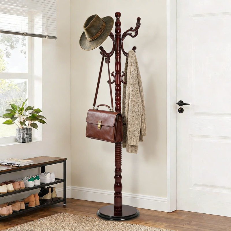 Portemanteau autoportant en bois avec 14 crochets, hauteur réglable de 37 à 73 pouces, base ronde robuste pour la chambre à coucher, le salon, l'entrée et le couloir