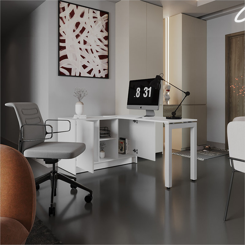 Bureau d'ordinateur rotatif réglable avec rangement, poste de travail à panneau de particules blanc de 72 pouces pour le bureau à domicile