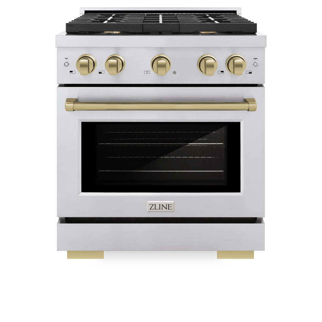 ZLINE Autograph Edition 30 in. 4.2 cu. ft. Paramount Dual Fuel Range W/ 4 Burner Gas Cooktop & Electric Convection Oven in Stainless Steel W/ Champagne Bronze Accents (SDRZ-30-CB) ZLINE