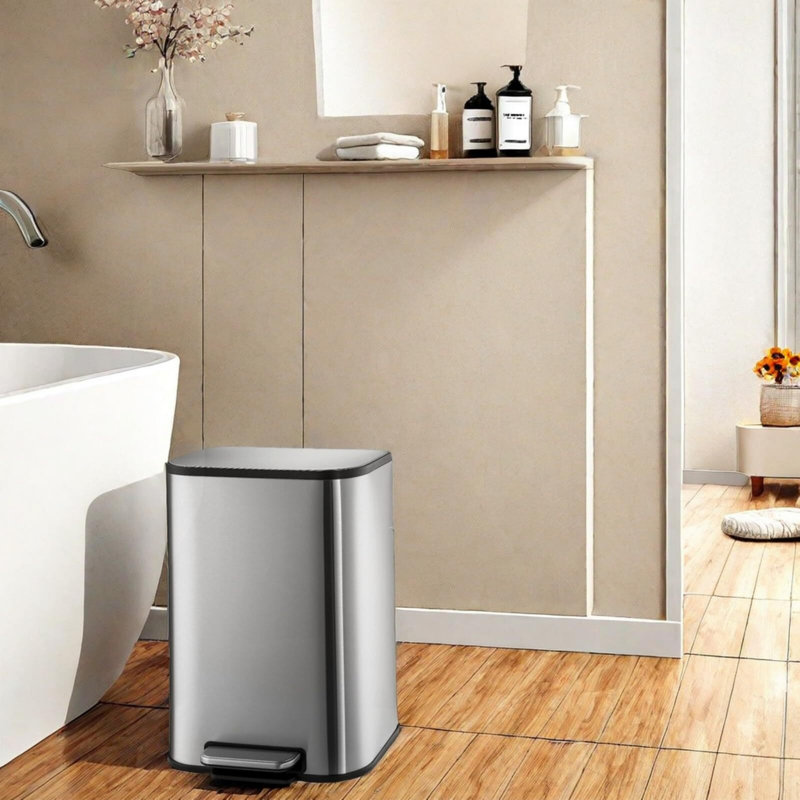 Poubelle en acier inoxydable avec couvercle, pédale et seau intérieur, poubelle rectangulaire pour la cuisine, 3