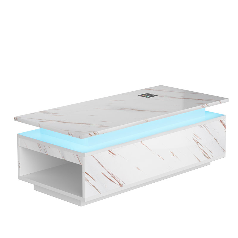 Table basse moderne à DEL, table basse de 47,2 pouces avec charge sans fil et haut-parleur, grand espace de rangement, table basse ultrabrillante pour le salon, la chambre à coucher
