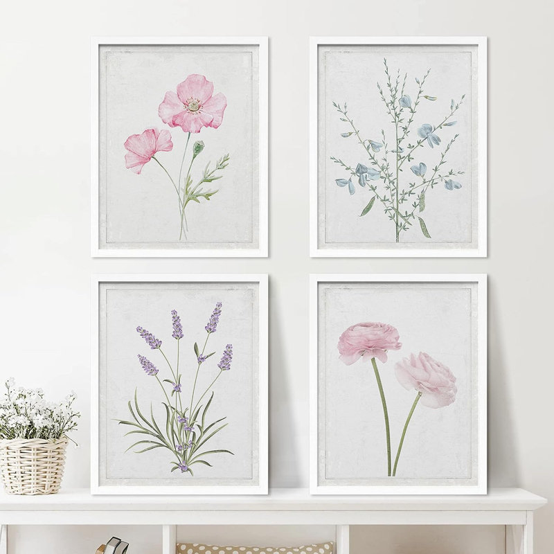 Vibrant Wildflower " IDEA4WALL Framed Lavender Rose Daisy Cornflower Wall Art, Set Of 4 Nature Wilderness Wall Decor Prints, Botanical Floral Wall Decor For Living Room, Bedroom " 4 - Pieces