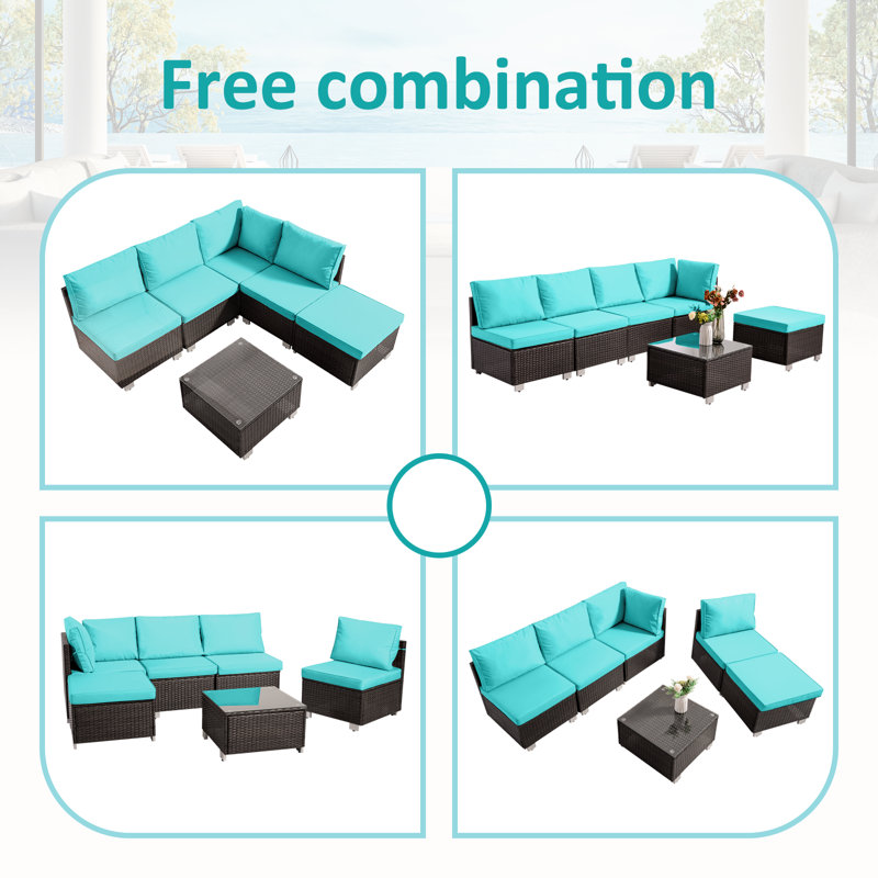 Ensemble de conversation modulaire en rotin avec coussins 6 pièces Yovonda, Turquoise