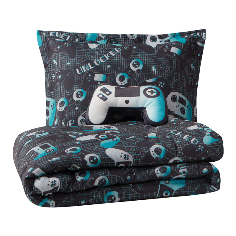Twin Gray and Aqua Reversible Gaming Microfiber Comforter Set