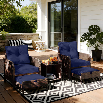5-Piece Wicker Patio Conversation Set Outdoor Seating Group with Table and Navy Blue Cushions