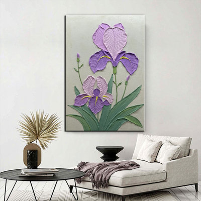 Handmade Modern Wall Art Oil Paintings , 3D Textured Wall Art Purple Iris Floral Original Artwork Painting,Wall Art for living room Bedroom Wall Deco Home,