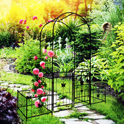 Arche de jardin en métal avec barrière 79,5 po de largeur x 86,6 po de hauteur pour plante grimpante