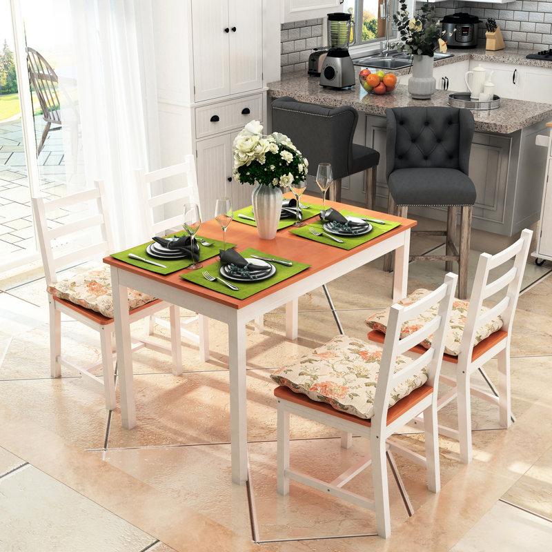 Table de salle à manger rustique pour 4, 5 pièces de meubles de cuisine en bois moderne, table compacte et chaises pour petit espace, coin repas blanc