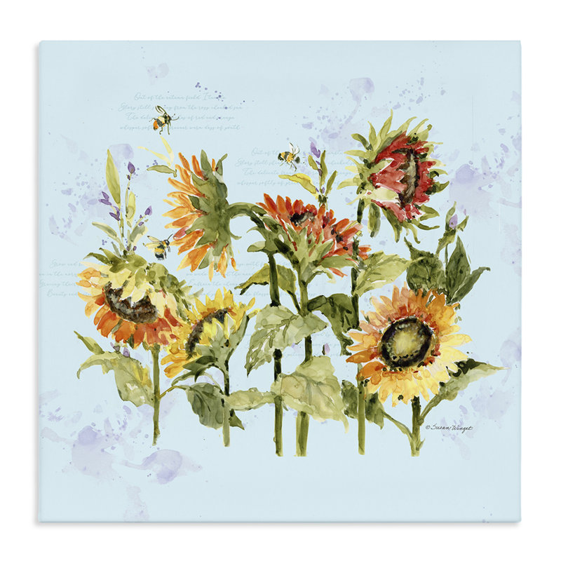 Tournesols et abeilles sur toile bleue, design par Susan Winget, H 24 po x l 24 po