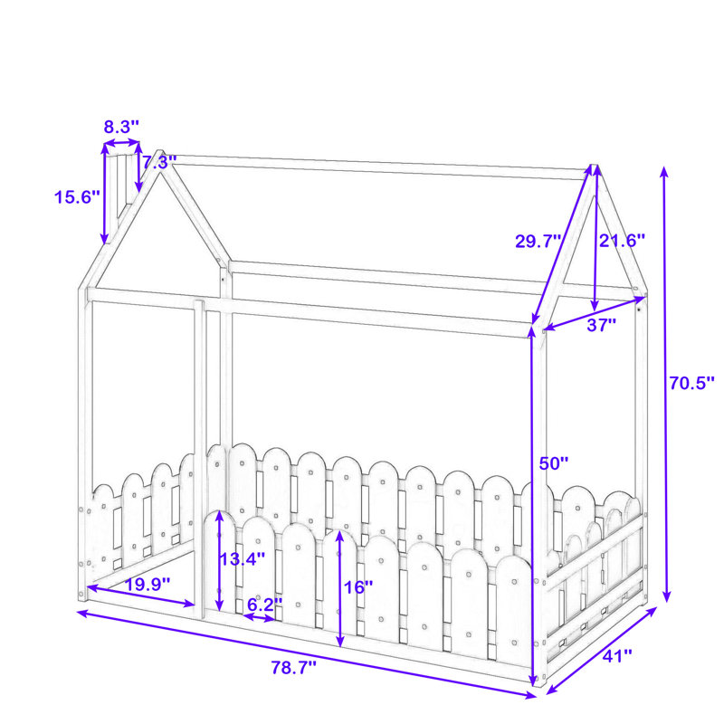 Osaka Twin Size Wood House Bed Frame with Fence, White