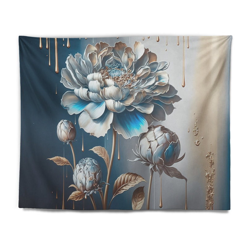 Polyester polyester bleu glacé tapisserie avec zinnia, H 50 po x l 60 po