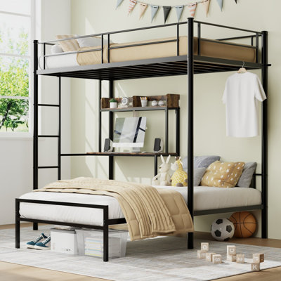 Lit superposé simple avec bureau, station de recharge et étagères de rangement, idéal pour optimiser l'espace et optimiser l'utilisation dans les petites chambres