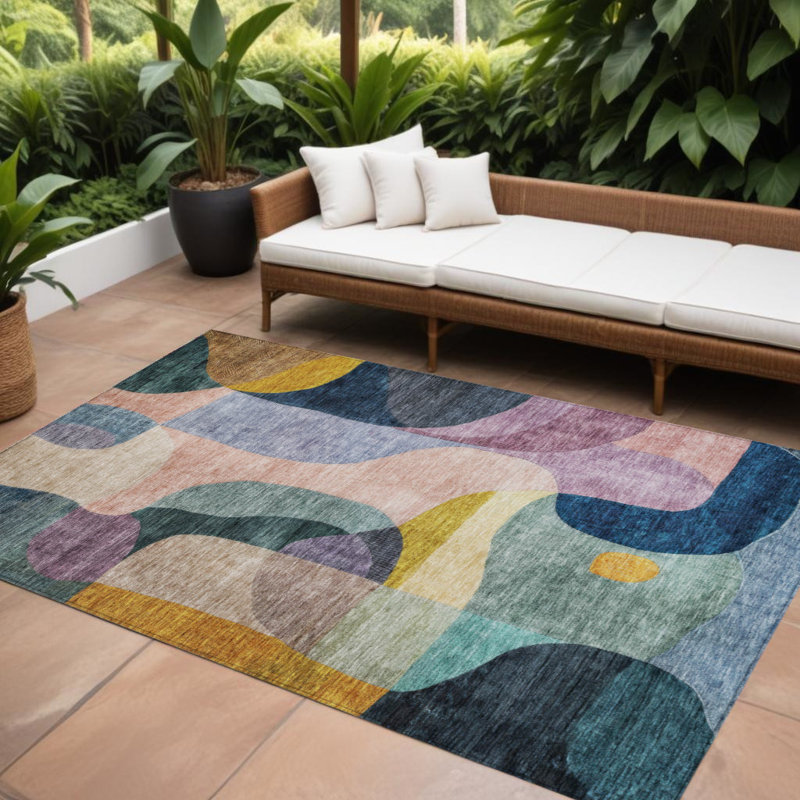 Tapis d'extérieur lavable abstrait mauve et rose 9 pi x 12 pi vert