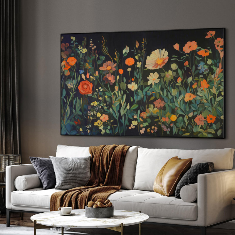 Très grande reproduction d'art sur toile - Jardin de fleurs sauvages éclatantes sur fond sombre, décoration d'art pour le salon ou la chambre à coucher - «Assemblage requis du cadre (cadre non fini)»