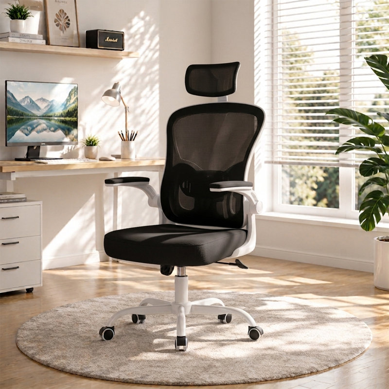 Ergonomic Mesh Office Chair with Adjustable Headrest, Swivel Desk Chair with Flip-Up Arms, Black/White