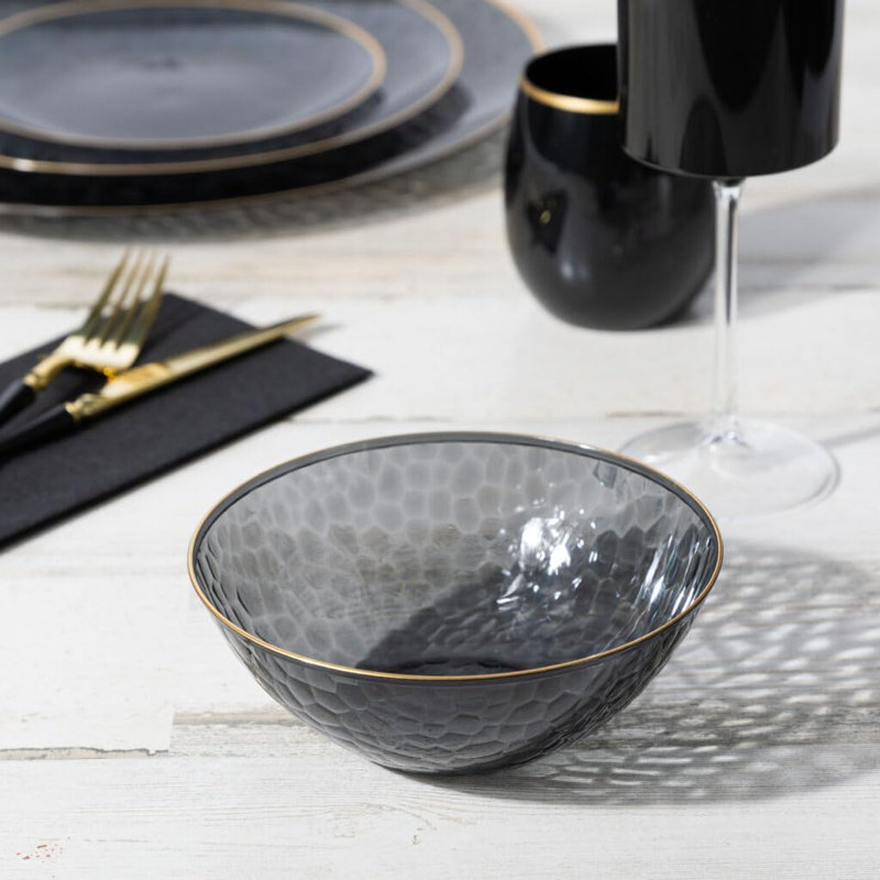 Bols ronds en plastique noir martelé avec bordure dorée 12 oz EcoQuality, 20 Guests