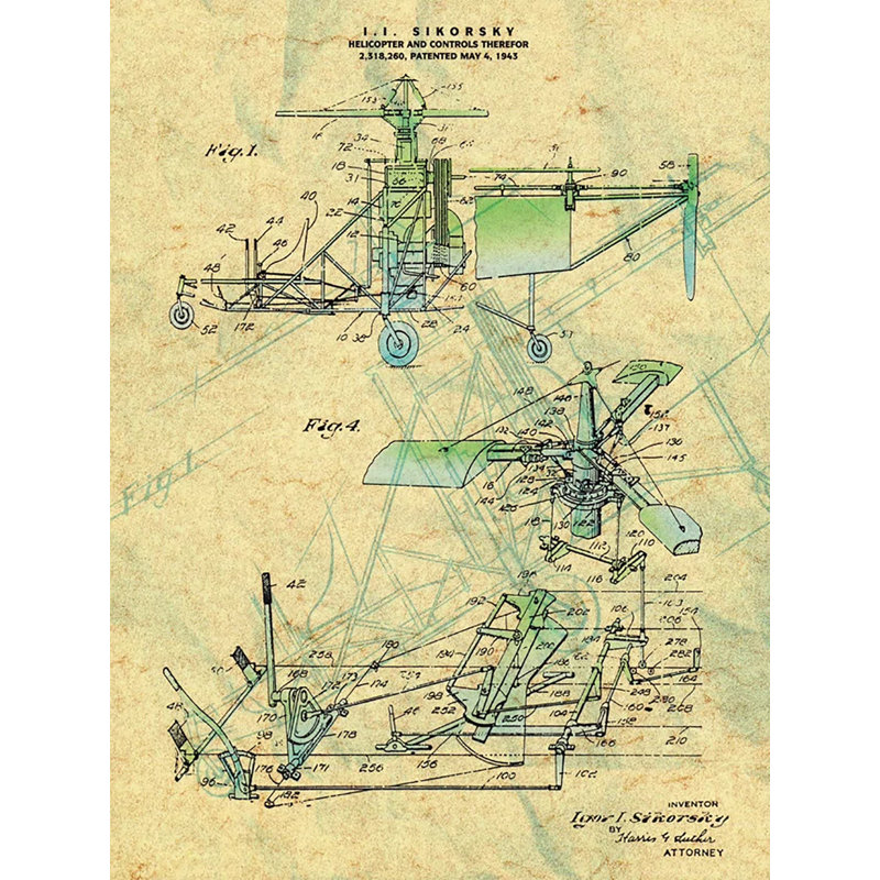 «Vintage 1943 the Helopter», affiche vintage sur toile tendue, H 18 po x l 24 po x P 1,5 po