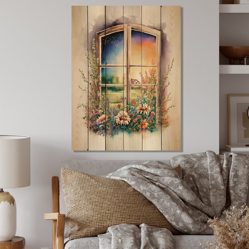 Été coucher de soleil floral fenêtre I sur bois, H 20 po x l 10 po x P 0,78 po