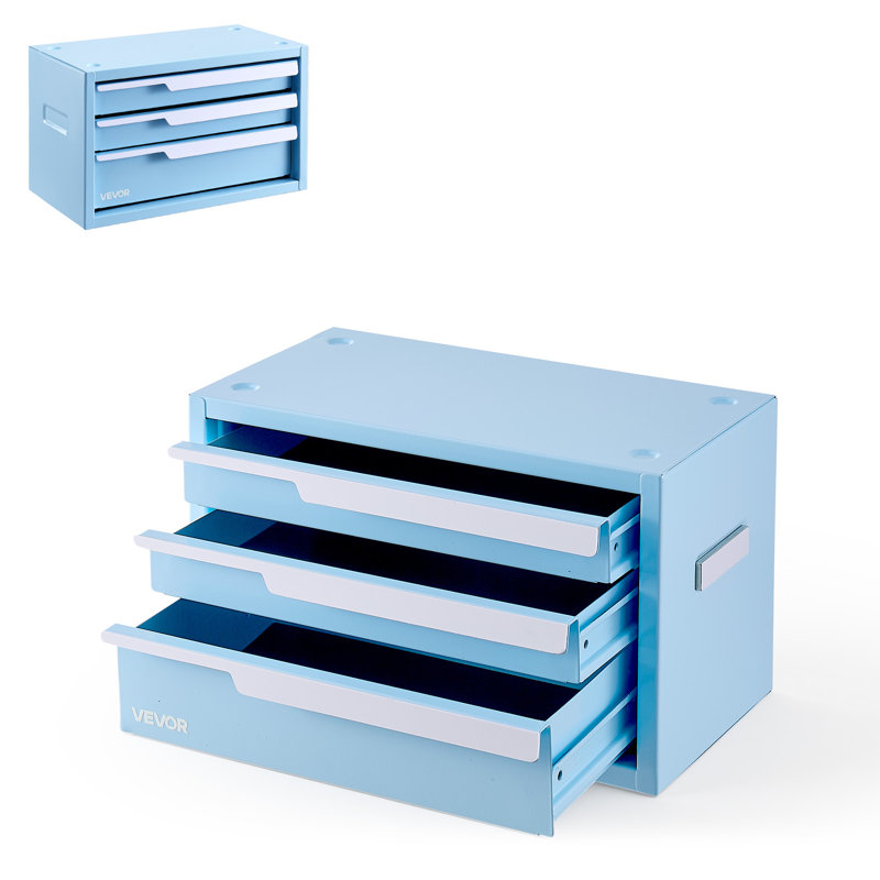 Coffre à outils en acier avec 3 tiroirs, portable, robuste, bleu, pour garage, atelier, établi, conception magnétique, armoire de rangement pour outils, avec doublures de protection.