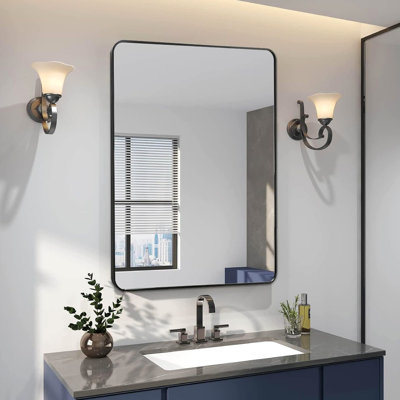 Black Metal Framed 24x32 Inch Rectangular Bathroom Wall Mirror - 4mm Hd Non Glass, Rust Aluminum, Shatterproof Design With Protection Inches High Definition Easy Installation Hooks