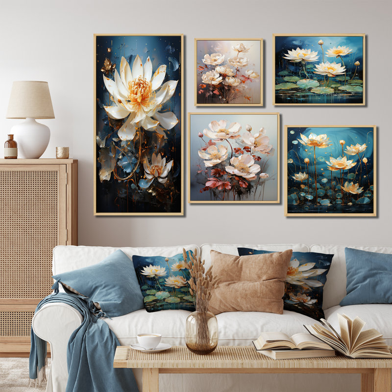 Opulent Reflections Lotus II - lot de 5 décorations murales Lotus, Cadre flottant brun