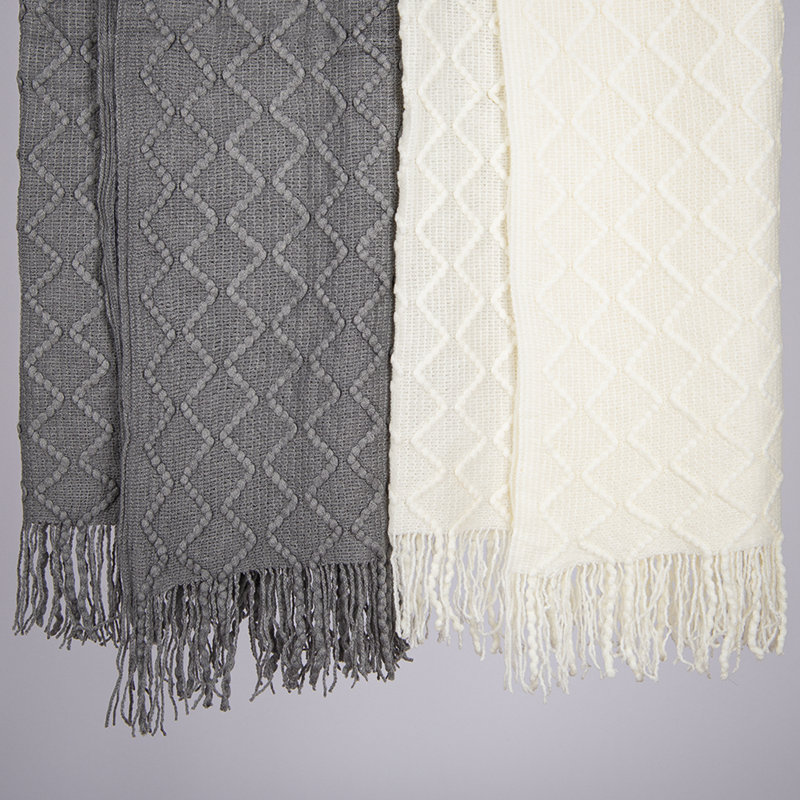 Cozy Ivory Textured Diamond Knitted Throw 50" x 60"