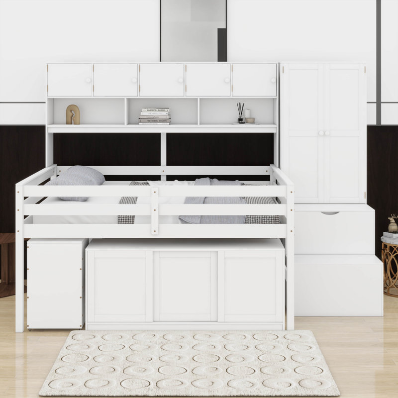 Lit mezzanine double en bois avec bureau sous le lit, tiroirs et tablettes, Blanc