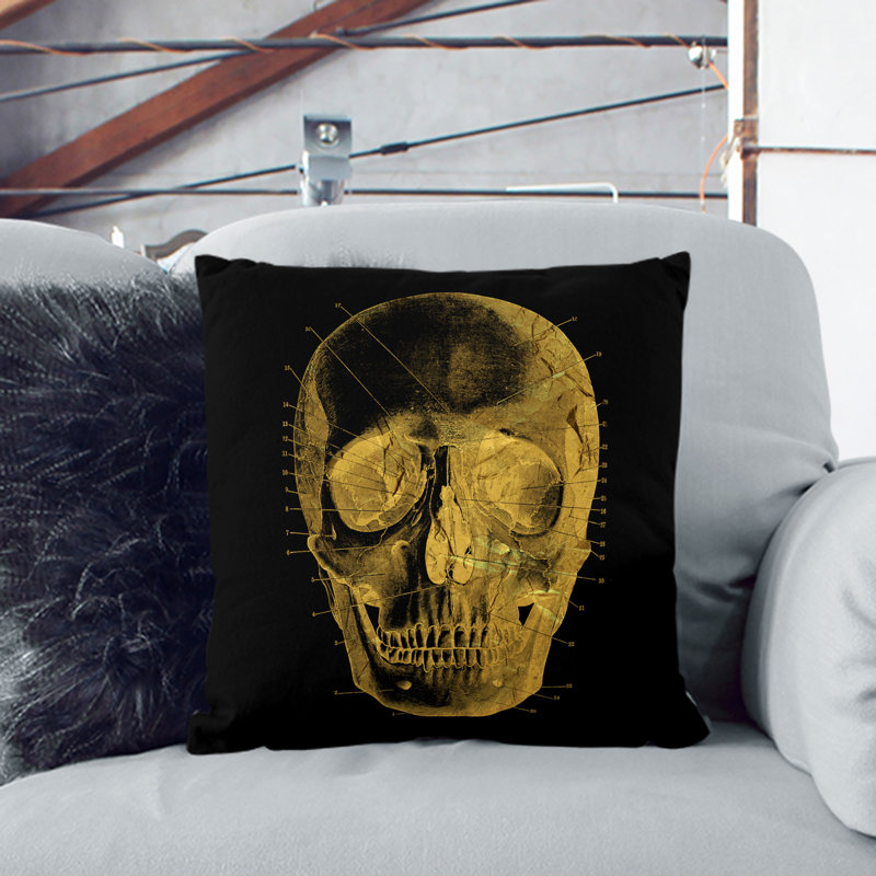 Black Twilight Skull in Gold Scatter Cushion, 55cm H x 55cm W x 20cm D, Stone