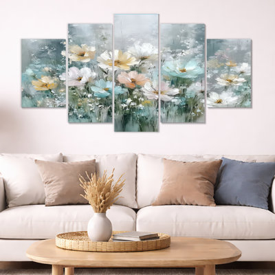 «Yellow Blue Wildflowers In Bloom - Wildflowers», art floral sur toile 5 pièces