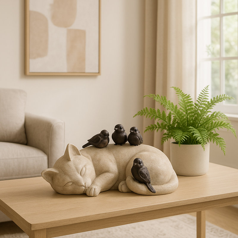 Chaton de 12 pouces blanc et brun avec oiseaux - Statuaire de jardin en polyrésine et métal pour la décoration