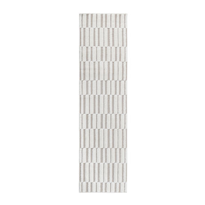 Modern Design Step Collection High-Low Striped Beige/Cream Indoor Runner Rug
