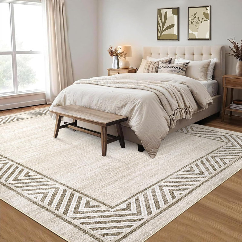 8x10 Modern Geometric Bordered Area Rug – Washable, Foldable, Stain-Resistant, Easy to Clean, Non-Slip for Living Room & Bedroom (Navy Blue)